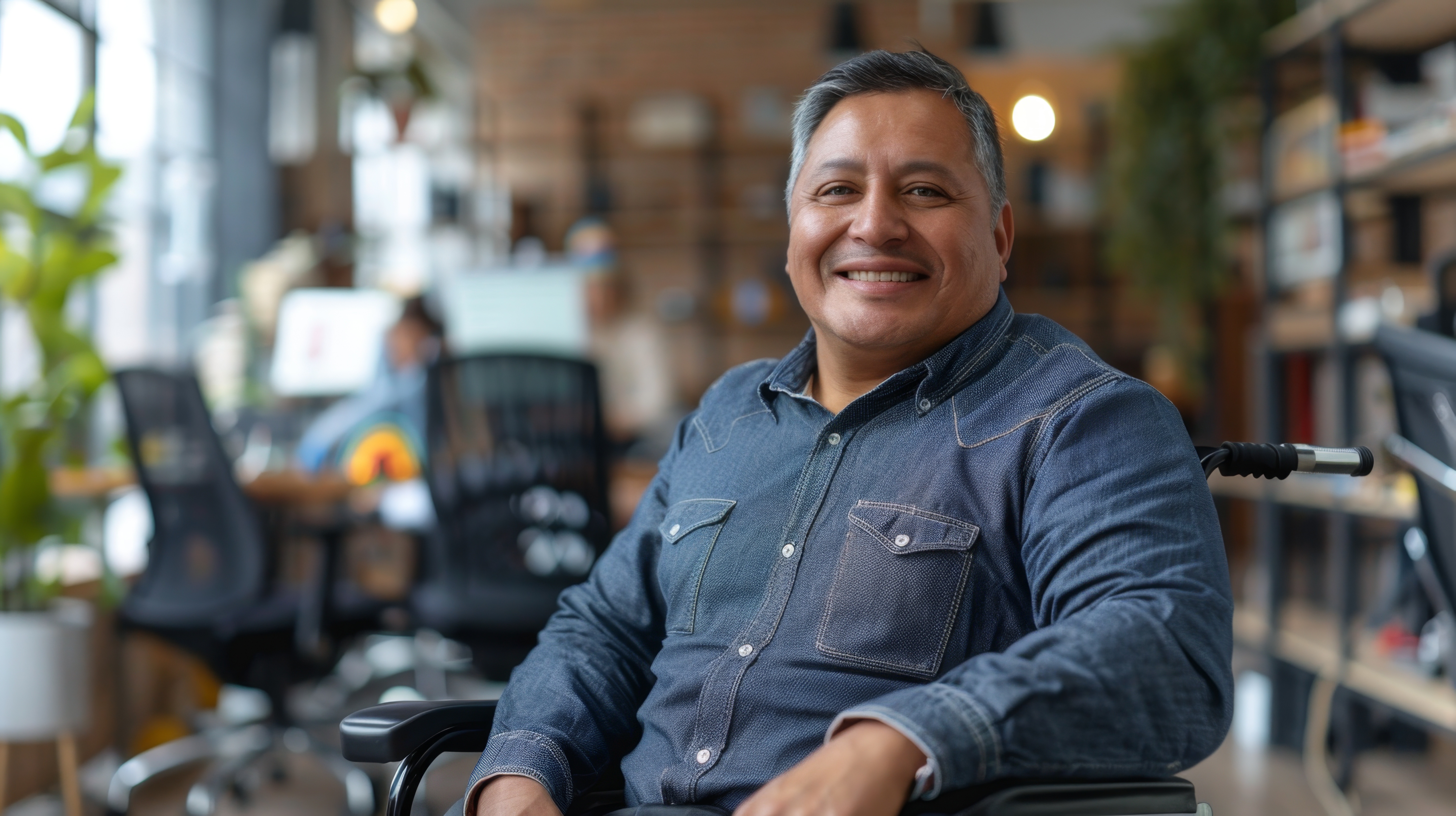 Smiling man in blue denim shirt sitting in wheelchair surrounded by modern office environment with blurred background.